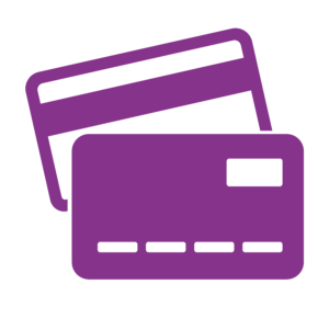 Purple icon of two overlapping credit cards.