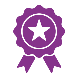 Purple icon of an award ribbon with a star in the center.