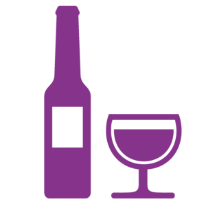 Purple icon of a bottle and a glass.